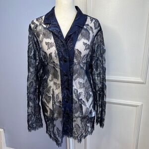 Y2K Vintage Givenchy Floral Lace Blouse Scalloped‎ Trim Metallic Blue Size 14W